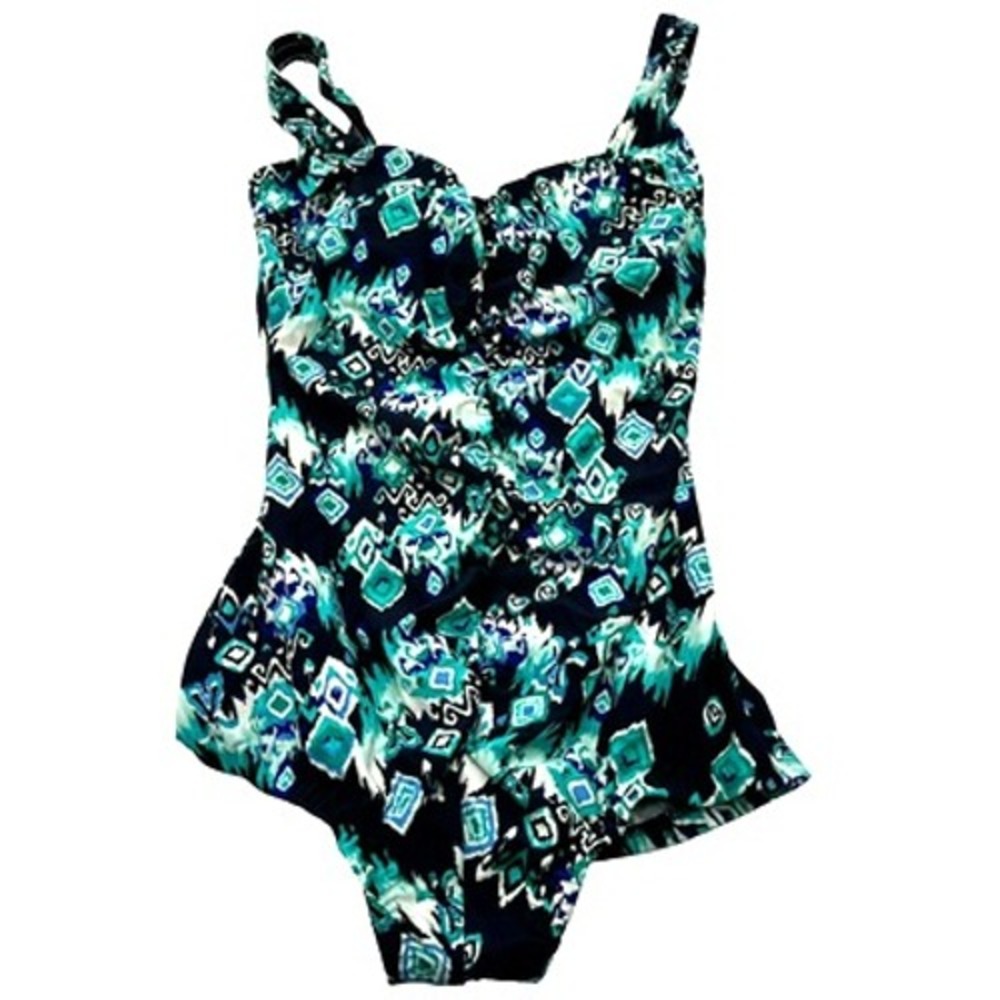MAXINE OF HOLLYWOOD 10 1 Piece‎ Swimsuit Vintage Ruched Tummy Control Blue Print